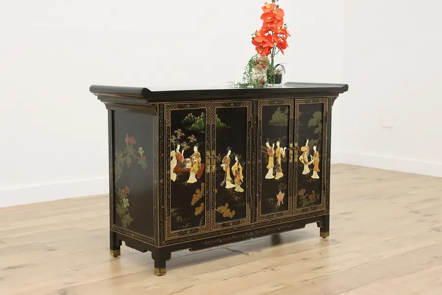 Photo of Chinese Vintage Jade & Lacquer Console Sideboard TV Console