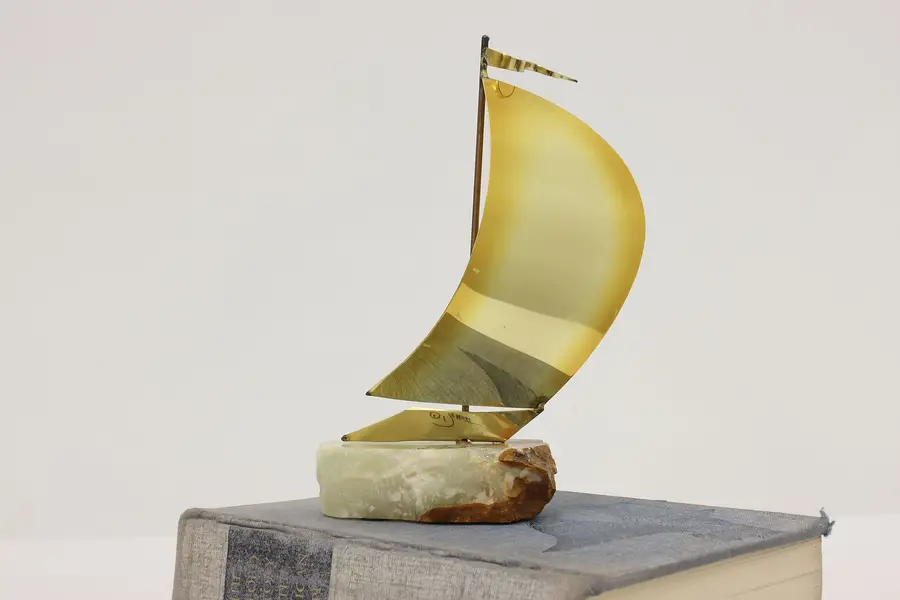 Photo of Nautical Vintage Brass & Onyx Sailboat Sculpture, DeMott