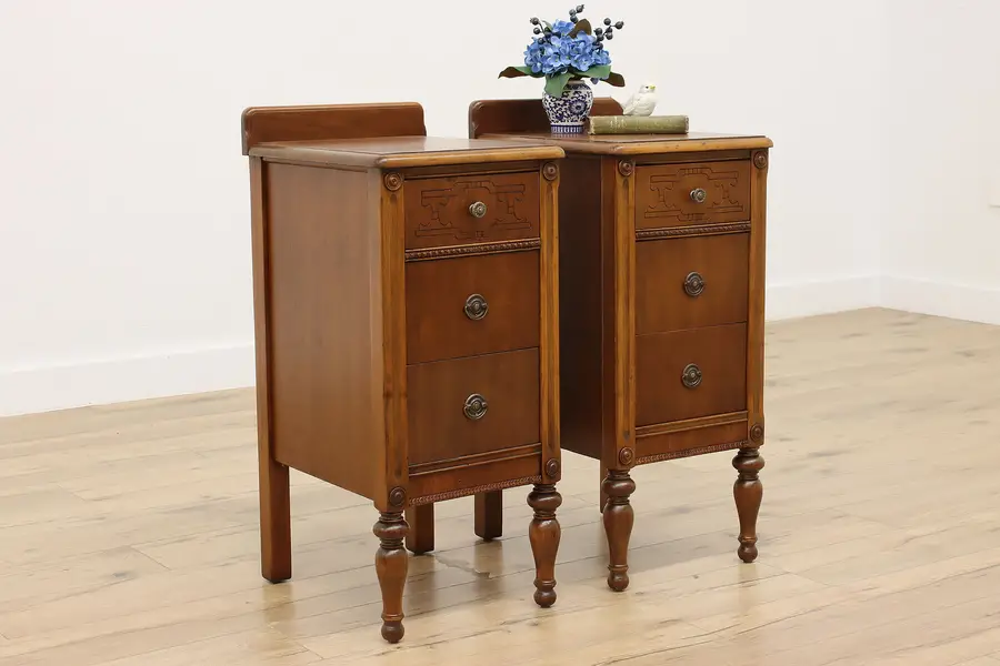 Photo of Pair of Antique English Tudor Walnut Nightstands End Tables