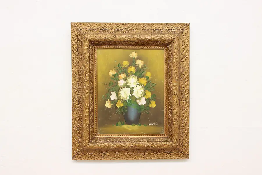 Photo of Yellow Flower Still Life Vintage Original Painting Cohen 32"