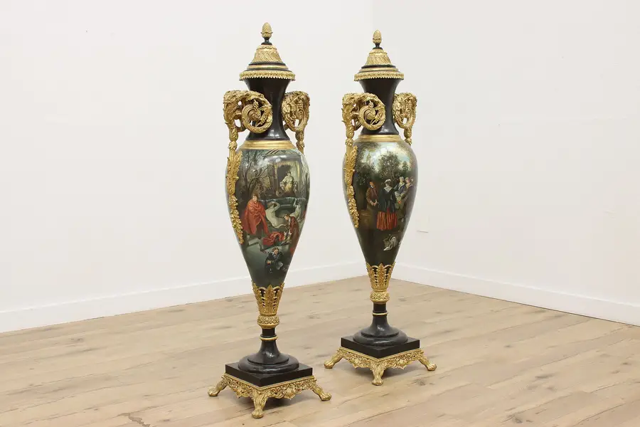 Photo of Pair of Italian Vintage Hand Painted Marble Palace Urns 65"