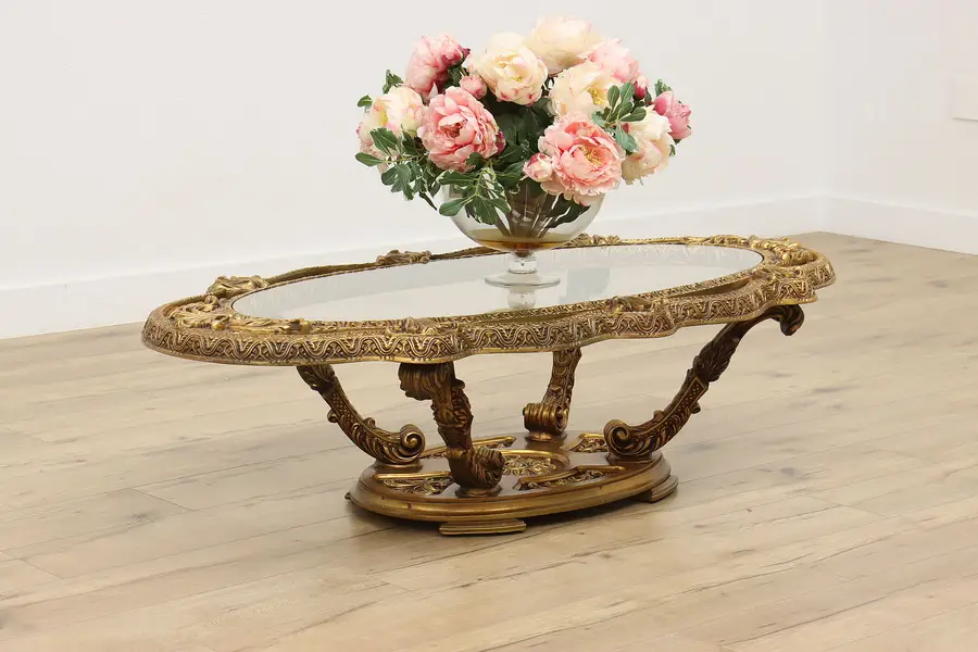 Photo of Hollywood Regency Vintage Gilt & Glass Top Coffee Table