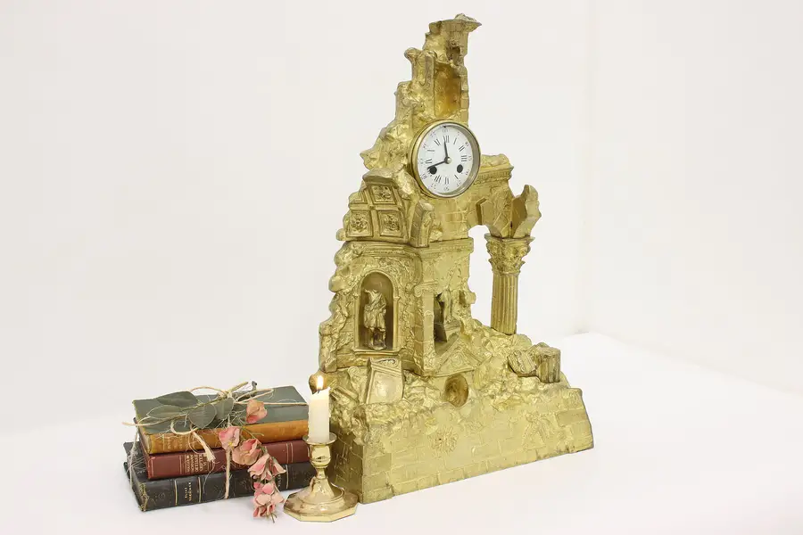 Photo of Tiffany Antique Gilt Bronze Folly Castle Ruins Mantel Clock