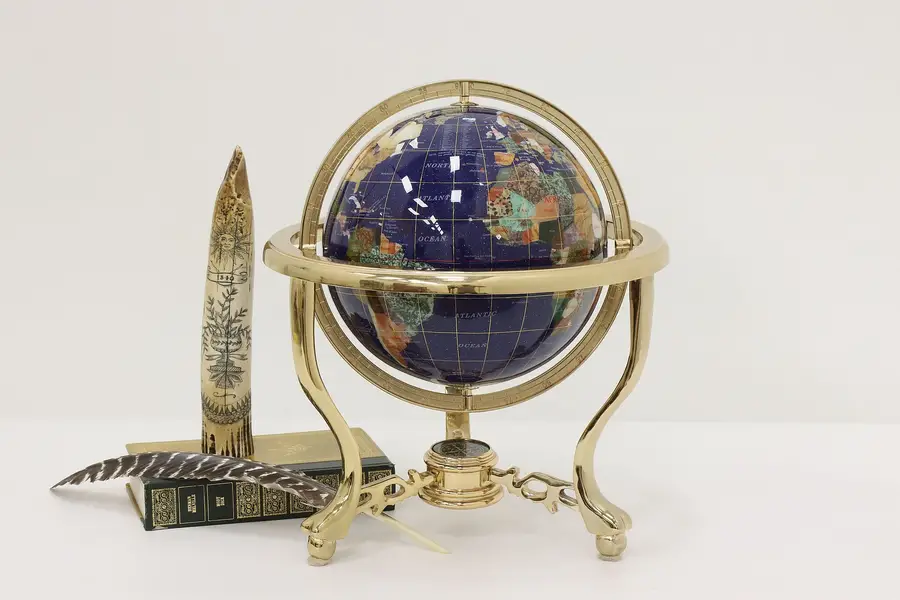 Photo of Semi-Precious Gemstone Vintage World Globe, Stand, Compass