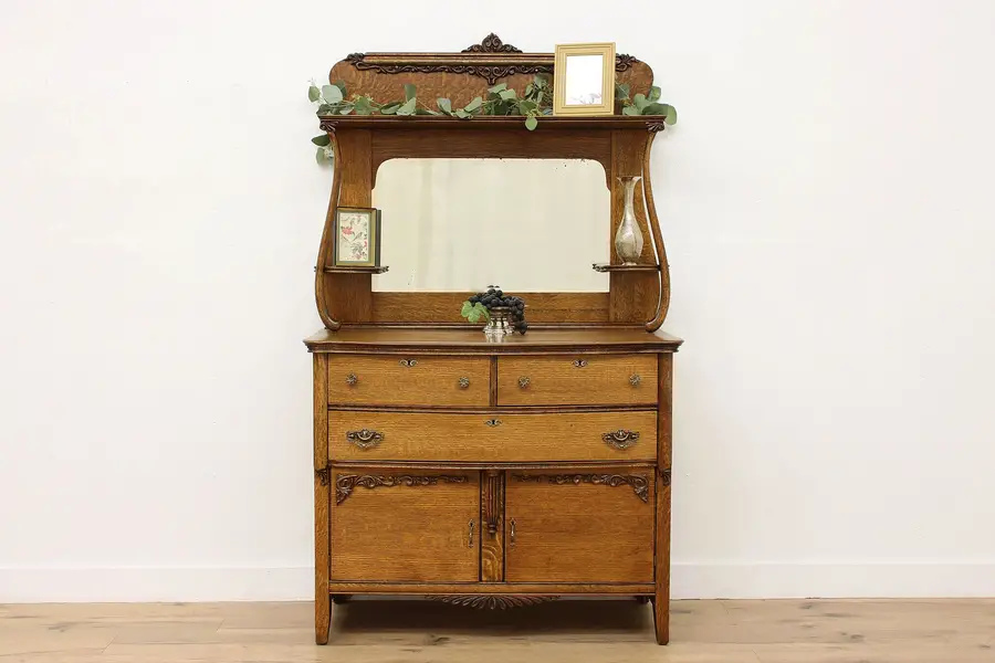 Photo of Victorian Antique Oak Sideboard Bar Cabinet Gallery Mirror