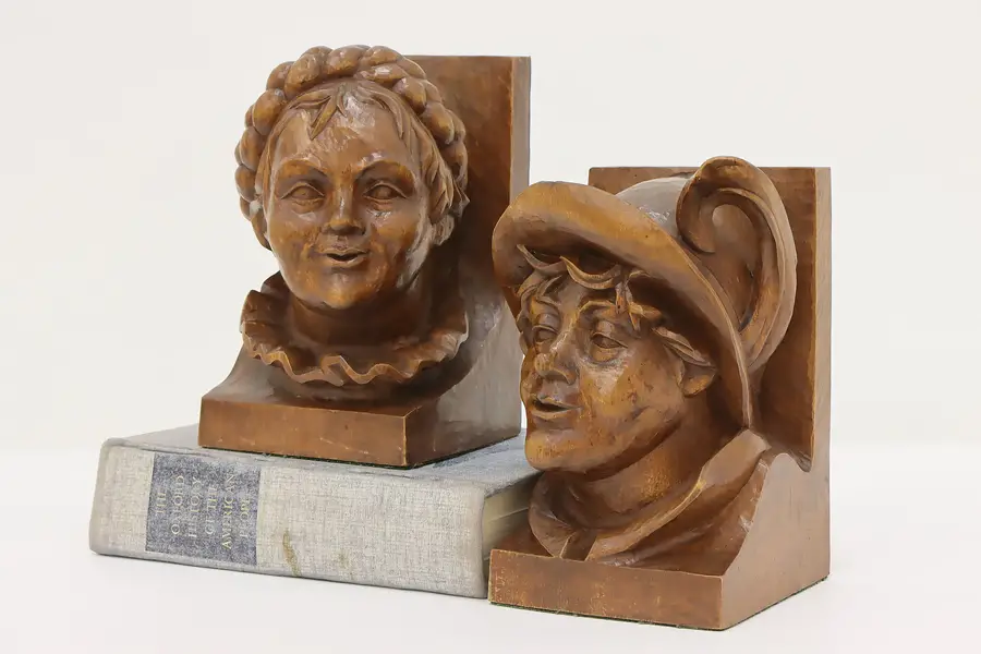 Photo of Pair Black Forest Antique Carved Birch Man & Woman Bookends