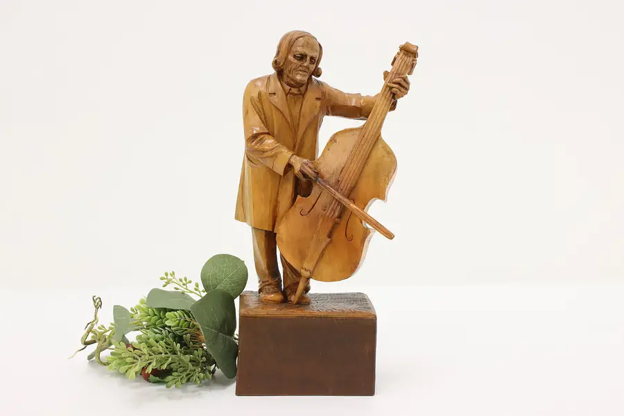 Photo of Swiss Folk Art Antique Carved Man Playing Cello Sculpture