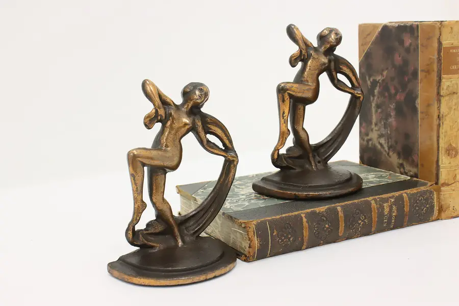 Photo of Pair Art Deco Antique Copper Finish Dancing Woman Bookends