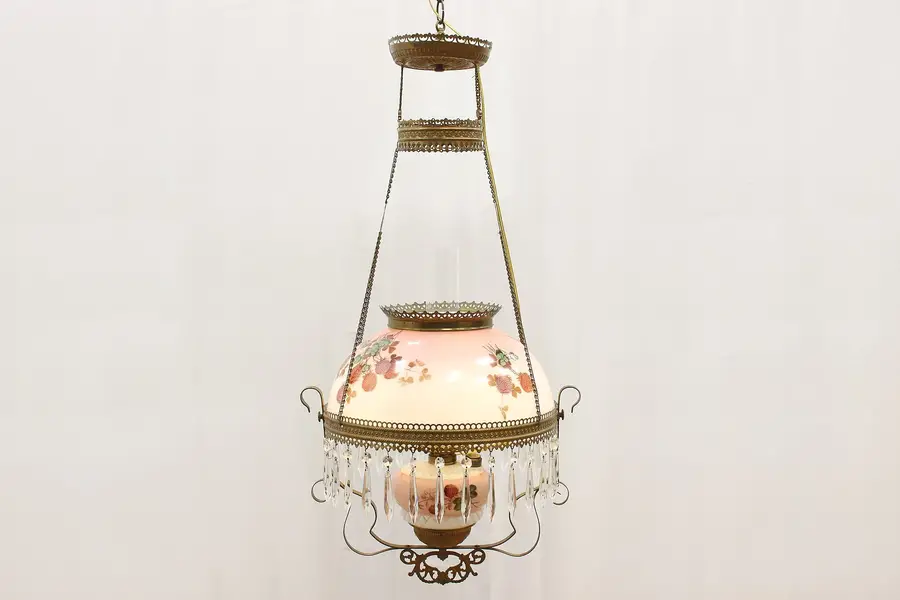 Photo of Victorian Antique Glass & Brass Hanging Light Fixture Prisms