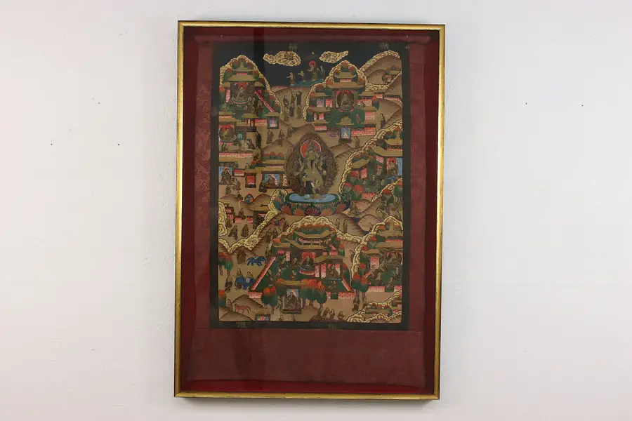 Photo of Tibetan Framed Antique Painted Silk Thangka Painting 43.5"