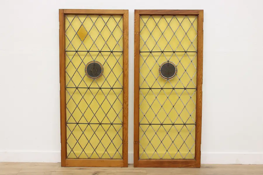 Photo of Pair of Architectural Salvage Stained Glass Windows or Doors