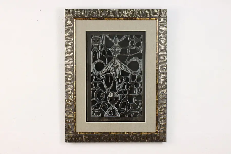 Photo of African Vintage Hand Carved Figures Panel Framed 25"