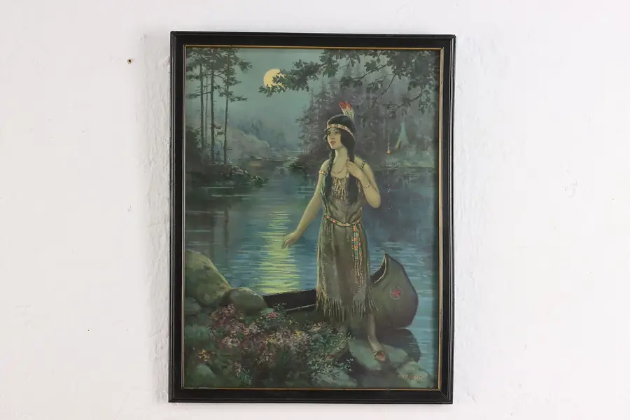 Photo of Native Woman with Canoe Antique Art Print F.R. Harper 13"