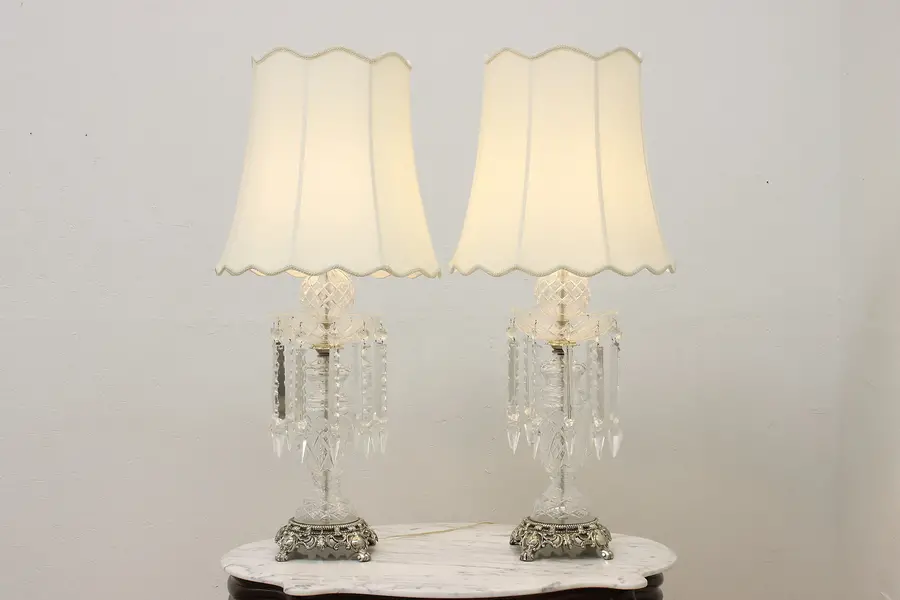 Photo of Pair of Vintage Silver & Cut Crystal Lamps with Prisms