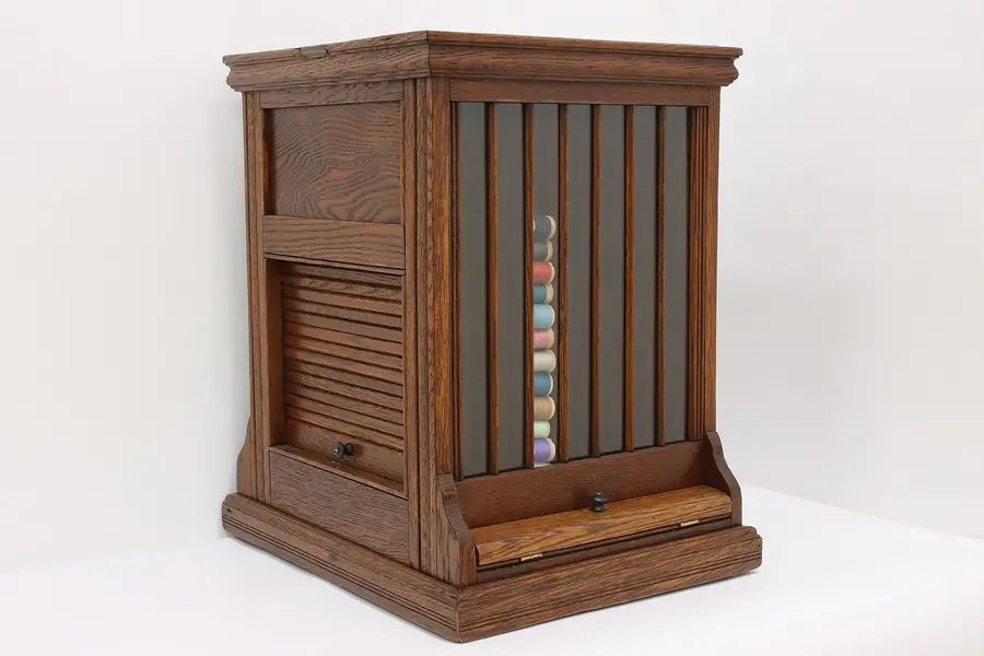 Photo of Victorian Antique Oak Roll Top General Store Spool Cabinet