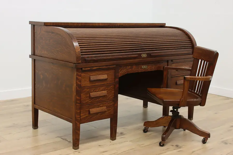 Photo of Arts & Crafts Mission Oak Antique Roll Top Library Desk