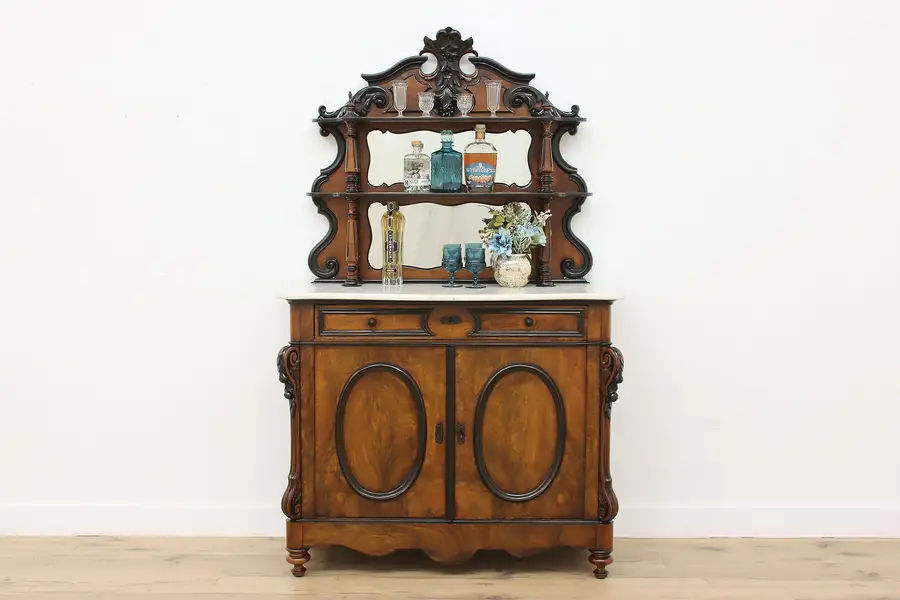 Photo of Victorian Antique Carved Walnut Marble Sideboard Bar Cabinet