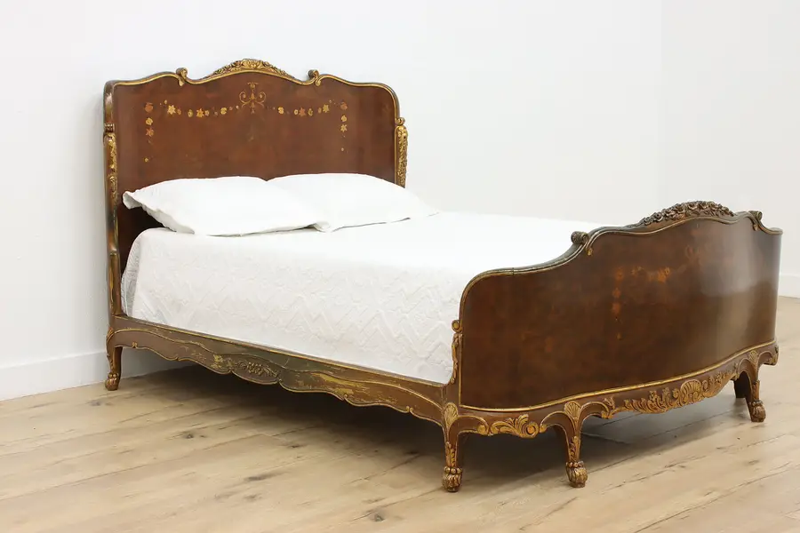 Photo of Italian Antique Marquetry & Burl Full Size Bombe Bed