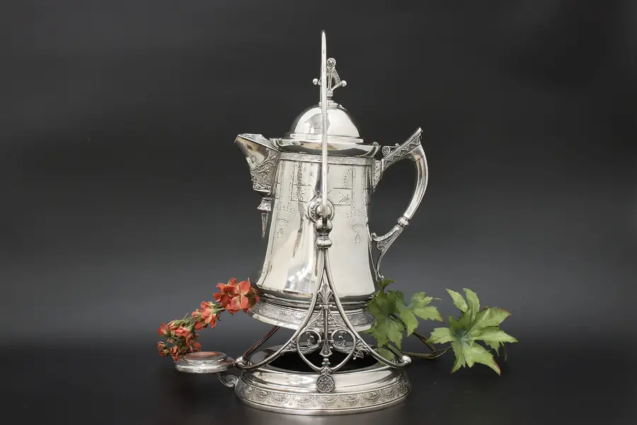 Photo of Victorian 1881 Antique Silverplate Water Kettle, Stand Derby