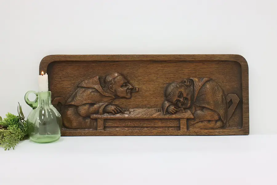 Photo of Tavern or Pub Antique Carved Oak Wall Plaque, Gambling Monks