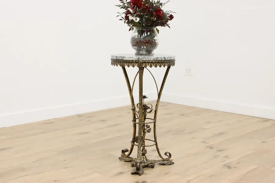 Photo of Italian Vintage Iron & Marble Sculpture Plant Stand Roses
