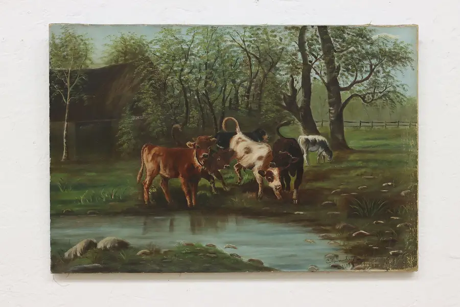 Photo of Cows in Springtime Antique Original Oil Painting Gamble 25"