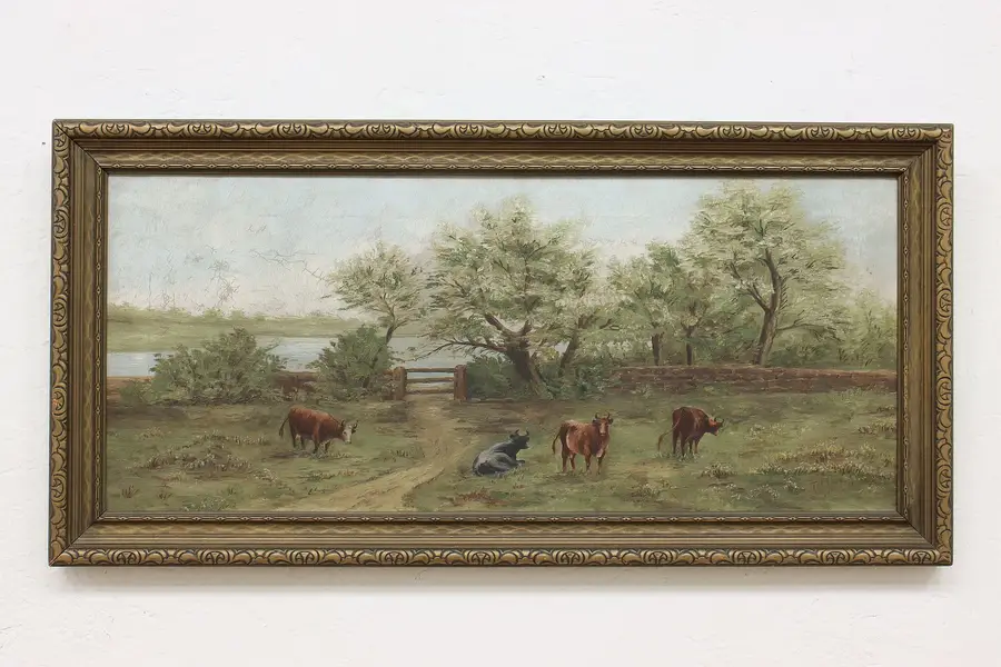 Photo of Cows Out to Pasture Antique Original Oil Painting 33.5"