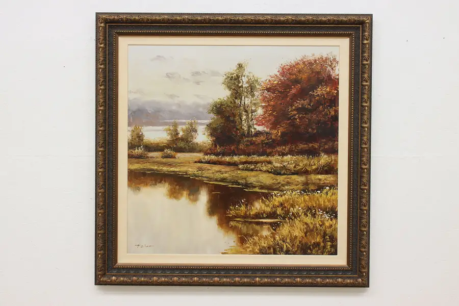 Photo of Autumn Lake & Woods Vintage Original Oil Painting Biao 50"