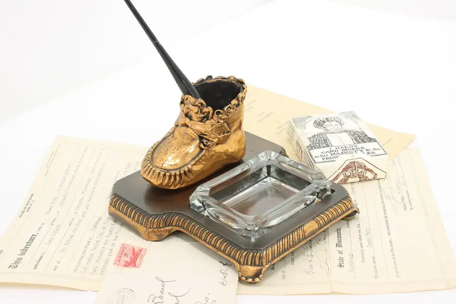 Photo of Desktop Antique Copper Baby Shoe & Glass Ashtray Le Mason