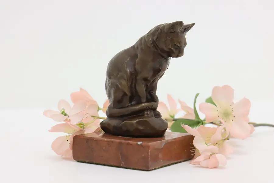 Photo of French Antique Bronze Cat Sculpture Marble Base after Barye