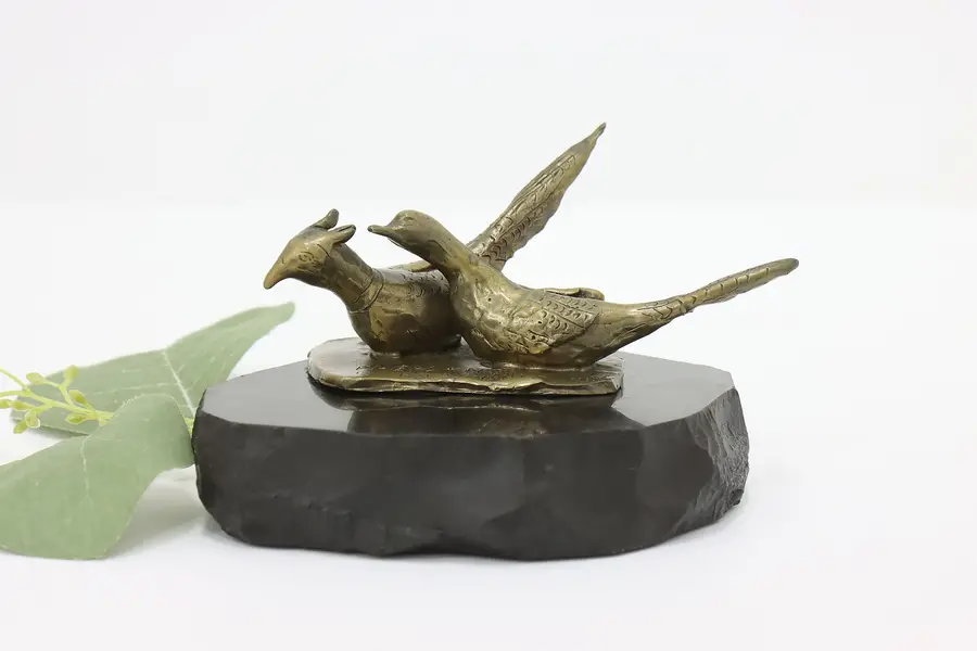 Photo of Pair of Vintage Brass Pheasant Sculptures on Slate Winship