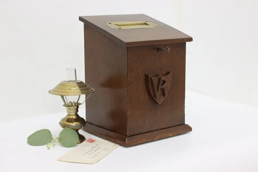 Photo of English Antique Victorian Oak & Brass Letter Box VR
