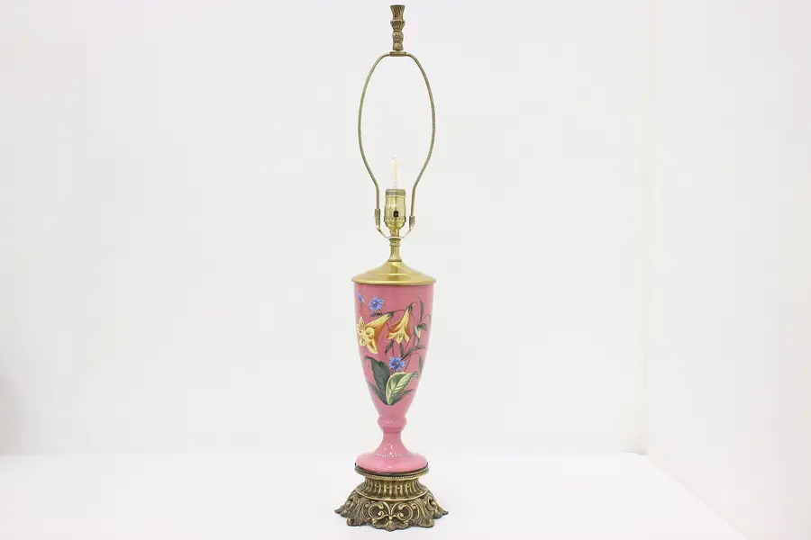 Photo of Victorian Antique Hand Painted Pink Bristol Glass Lamp