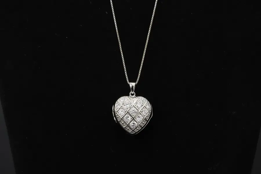 Photo of Sterling Silver & CZ Heart Locket on 18" Fine Chain Necklace