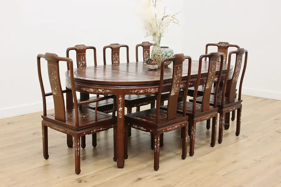 Main image of Chinese Vintage Rosewood & Pearl Dining Set 8 Chairs & Table