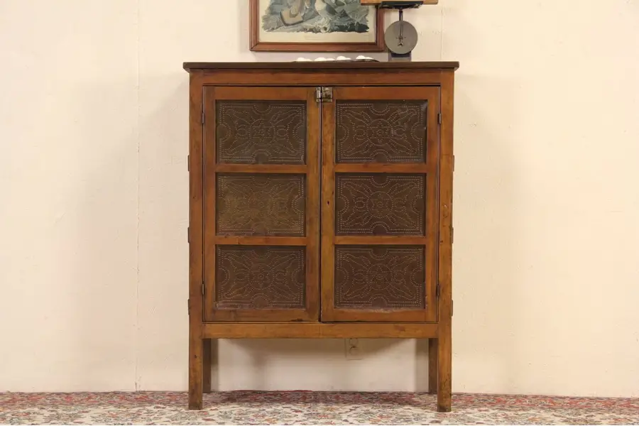 Main image of Country Pine Primitive 1880 Antique Pie Safe, Punched Tin