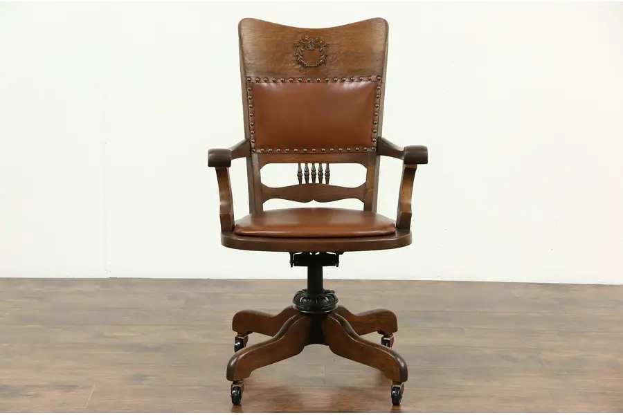 Main image of Oak & Leather Swivel Adjustable Antique Desk Chair, Signed Crocker Sheboygan