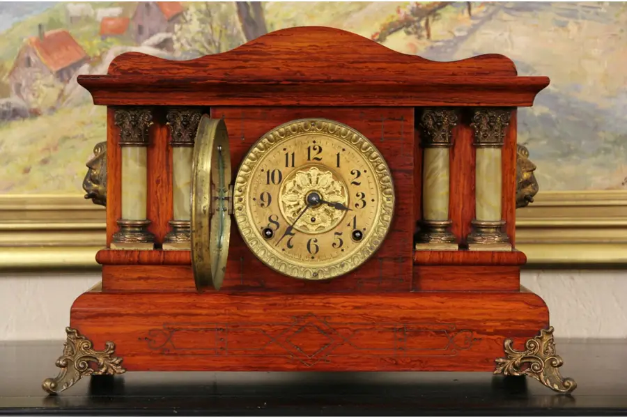 Main image of Seth Thomas 1890's Antique Pillar Mantel Clock, Faux Rosewood, Gong Strike