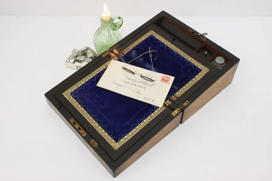 Photo of Victorian Antique Marquetry Travel Lap Desk, Blue Velvet