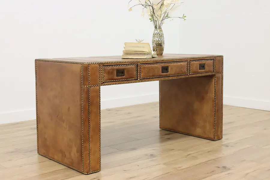 Photo of Leather Clad Vintage Office or Library Desk, Brass Nailheads