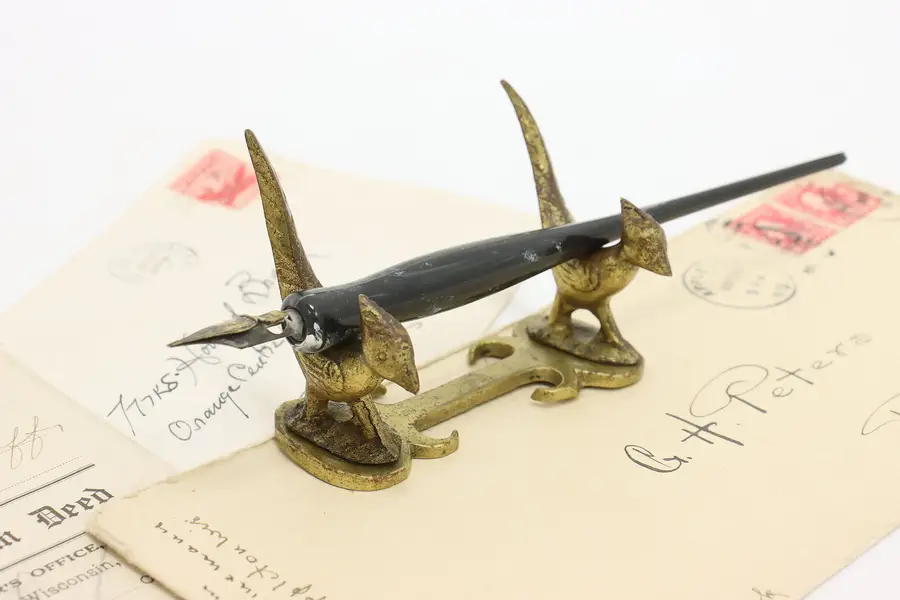 Photo of Office or Library Vintage Desktop Brass Pheasant Pen Holder