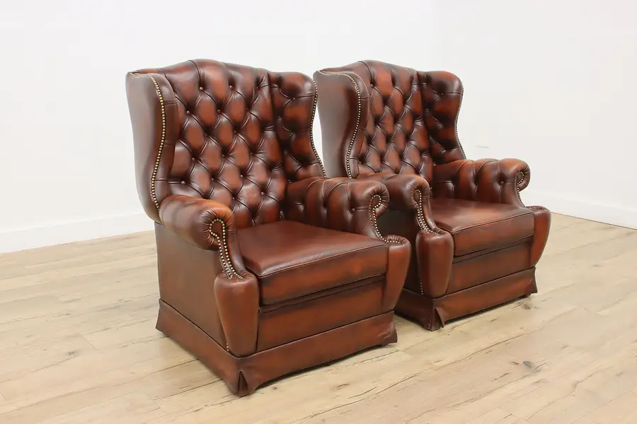 Photo of Pair of Vintage Chesterfield Leather Wingback Chairs Gedelux