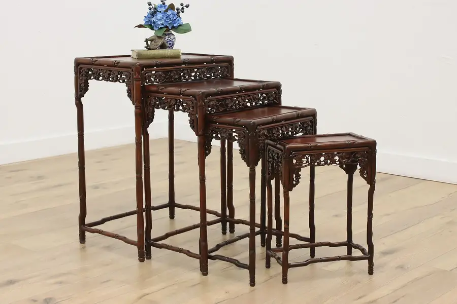 Photo of Set of 4 Vintage Carved Rosewood Asian Nesting Snack Tables