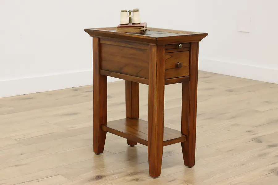 Photo of Tile Top Vintage Teak End or Side Table Pull Out Shelf