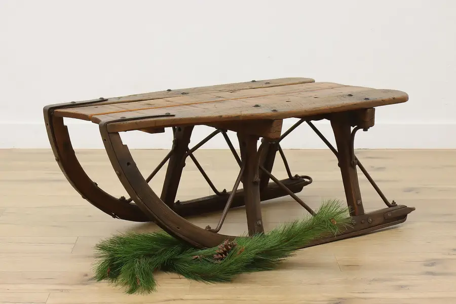 Photo of Farmhouse Antique Oak & Iron Cargo Sled Coffee Plant Table