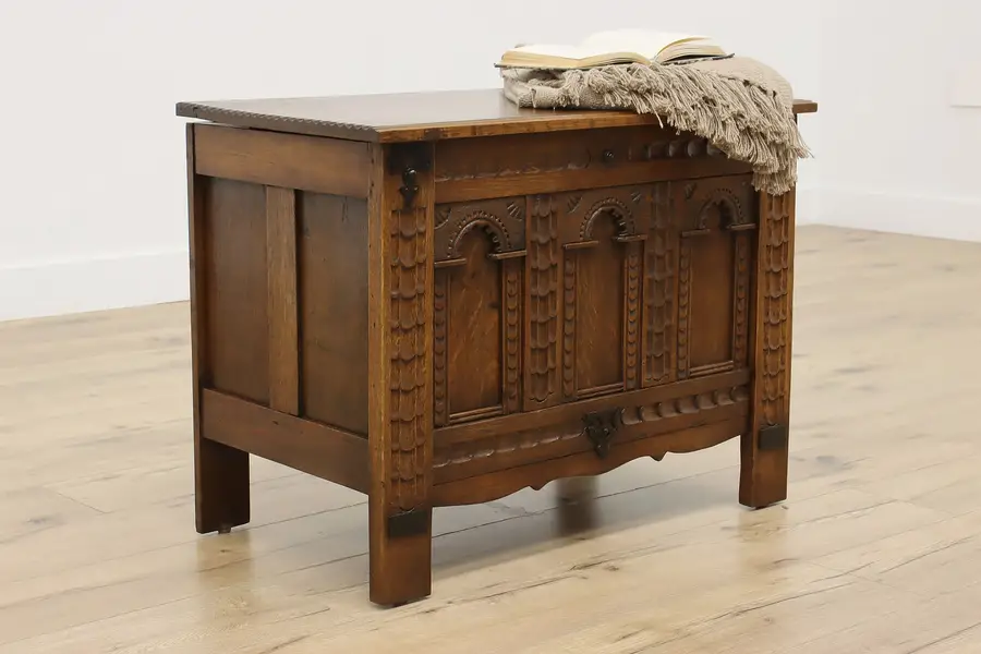 Photo of Tudor Antique Carved Oak Trunk Chest or Coffer, End Table