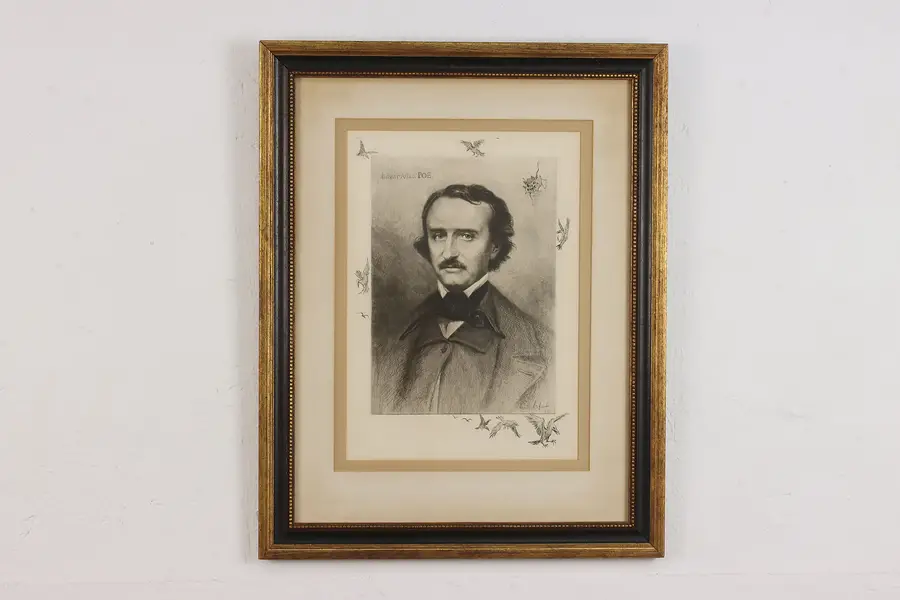 Photo of Edgar Allen Poe Antique Original Etching Print LeFort 22.5"