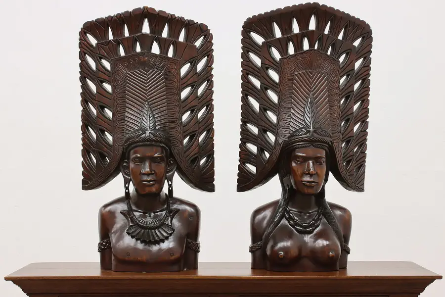 Photo of Pair of African Carved Teak Tribal Leader Sculptures 34"