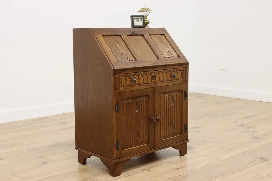 Photo of Gothic Vintage Carved Oak Library Drop Front Secretary Desk