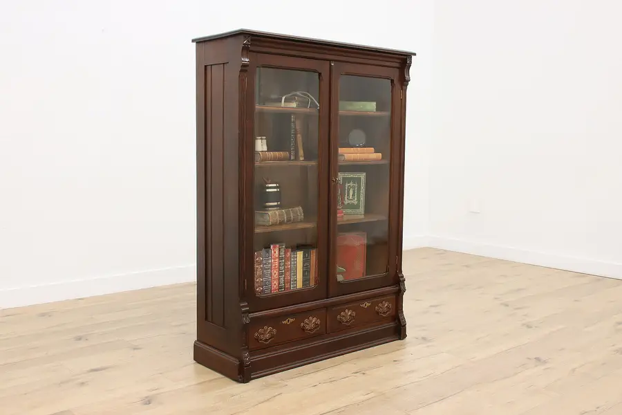 Photo of Victorian Eastlake Antique Oak Bookcase or Display Cabinet